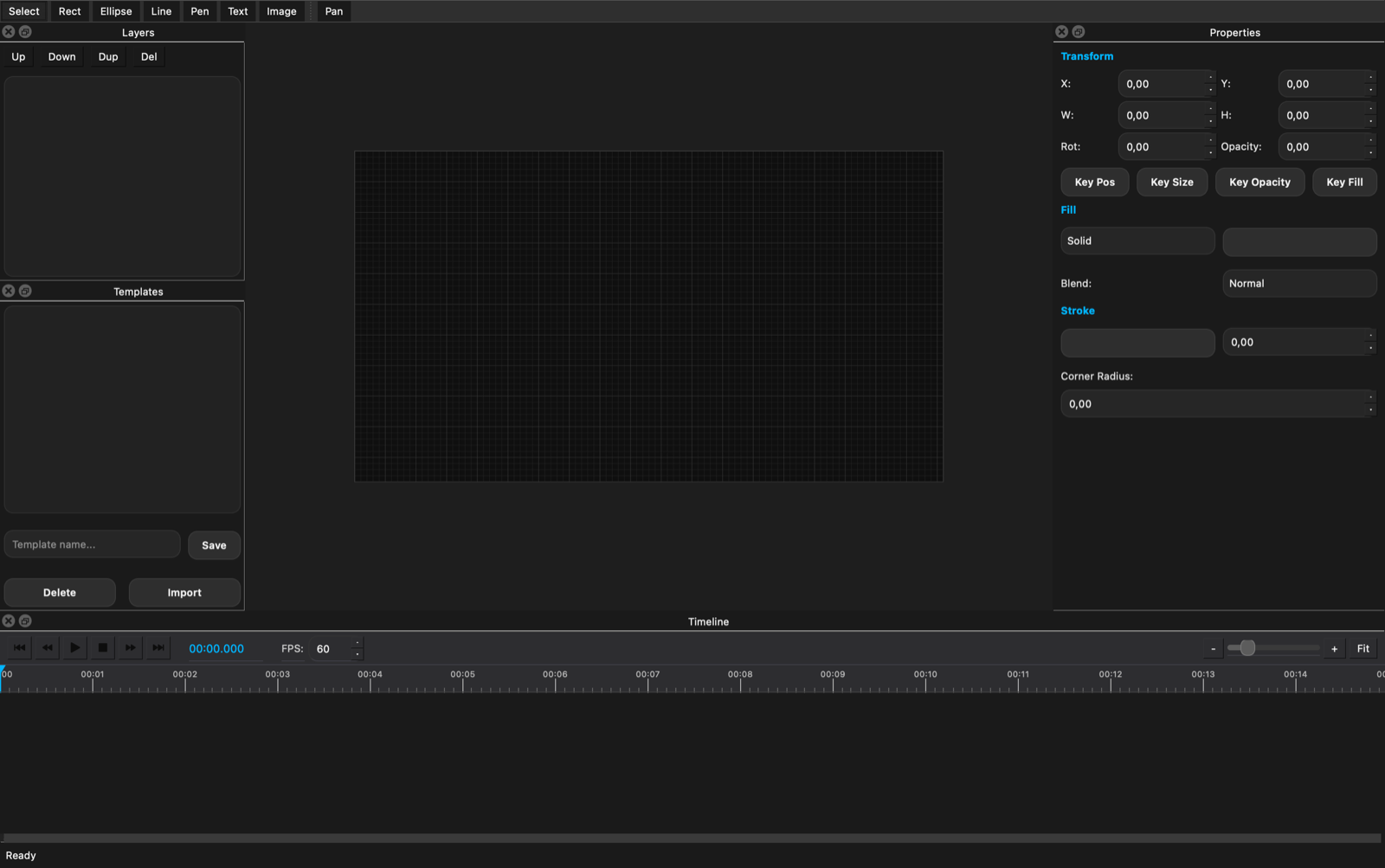 Graphics Designer canvas with layers, toolbar, properties, and timeline