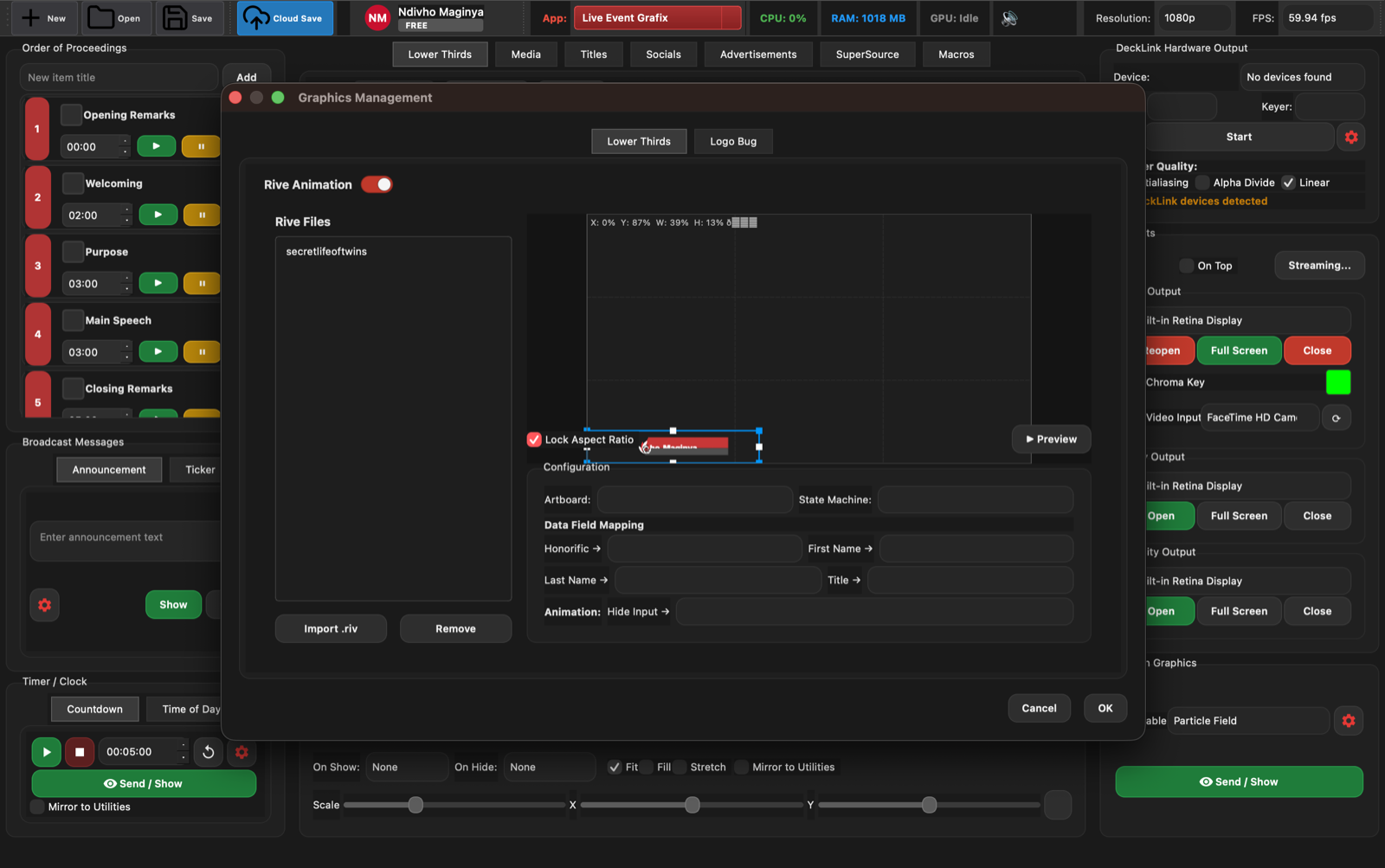 Graphics Management dialog with lower thirds Rive file controls and field mapping
