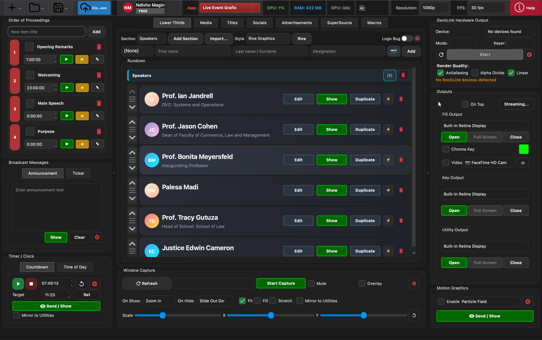 Live Event Grafix main control surface with rundown, lower thirds, output controls, and timer