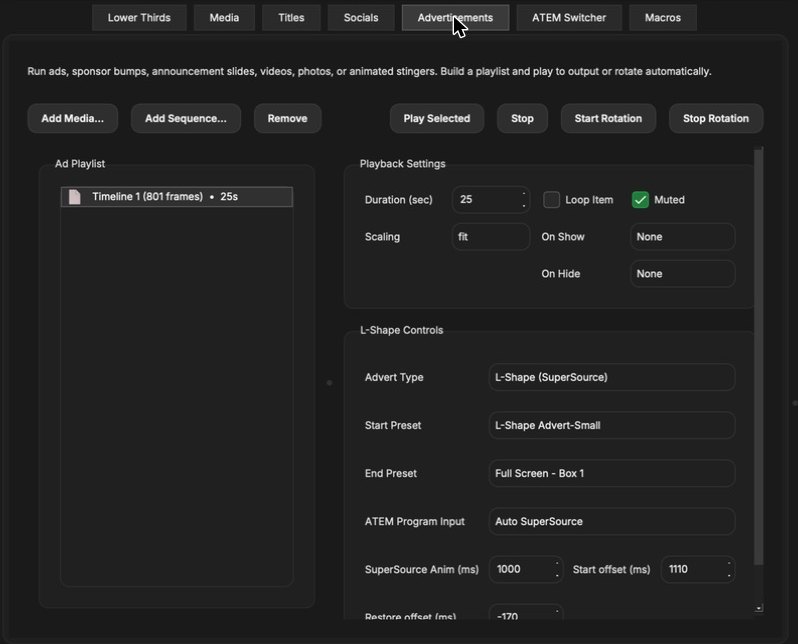 Advertisements tab: Ad Playlist, Playback Settings and L-Shape Controls for SuperSource adverts.