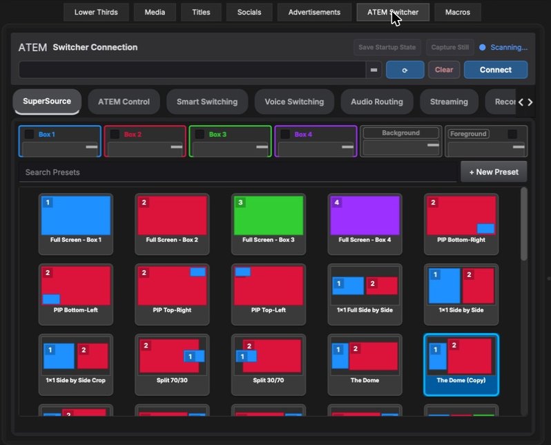 ATEM Switcher tab: connection bar, sub-tabs, four SuperSource boxes and a grid of SuperSource presets.