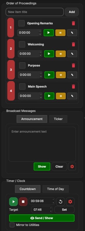 Left column: Order of Proceedings with four timed items, Broadcast Messages, and Timer / Clock.