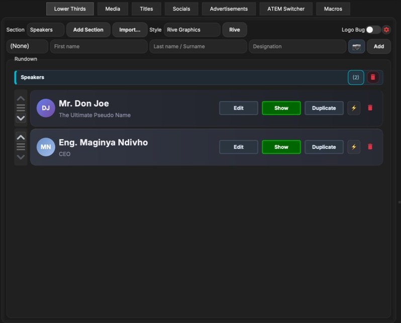 Lower Thirds tab: section, Add Section, Import, Style and Rive controls above a Rundown with two speaker cards.