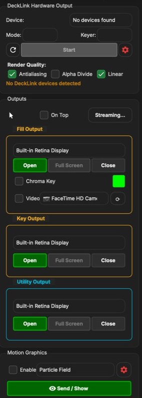 Right column: DeckLink Hardware Output, Outputs with Fill, Key and Utility outputs, and Motion Graphics.