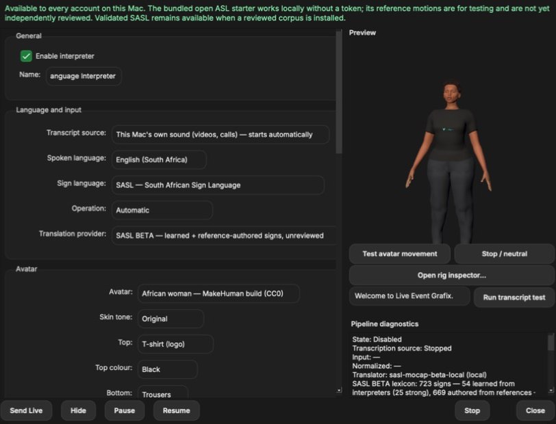 Sign Language Interpreter settings: transcript source, spoken and sign language, avatar choice, a 3D avatar preview and pipeline diagnostics.