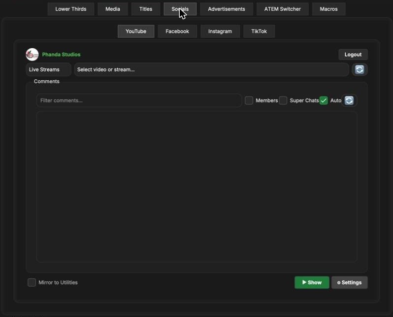 Socials tab on YouTube: signed-in channel, live stream picker, comment filter with Members, Super Chats and Auto.