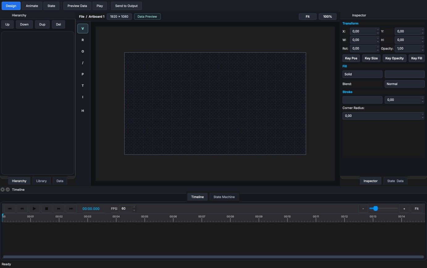 Graphics Designer: hierarchy, tool strip, 1920 by 1080 artboard, inspector with transform, fill and stroke, and a timeline.