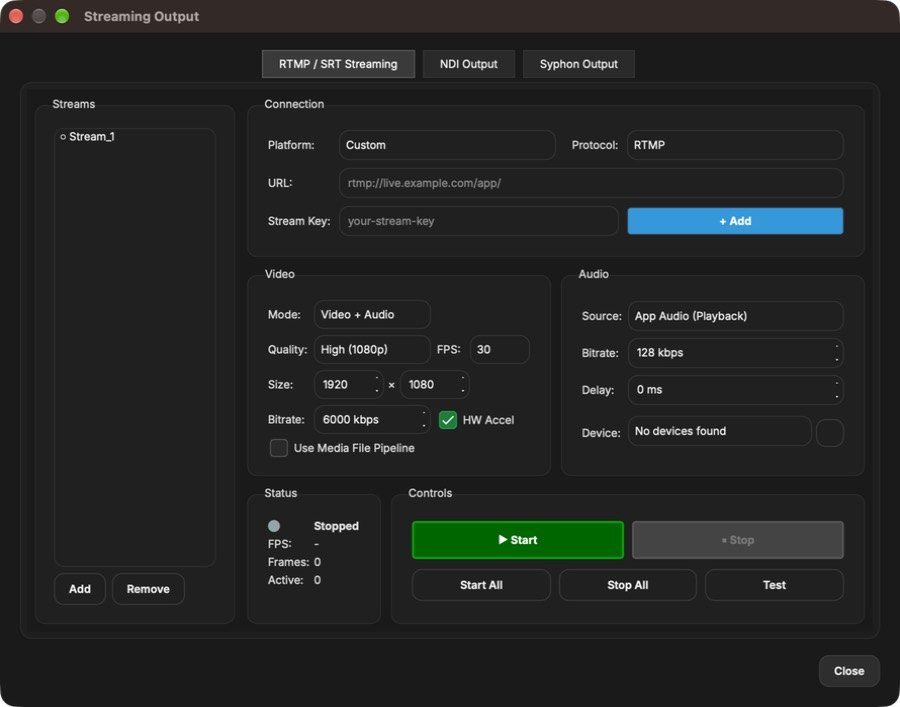 Streaming Output window with RTMP / SRT Streaming, NDI Output and Syphon Output tabs.