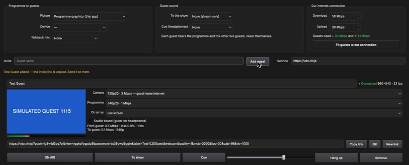 Remote Guests window: programme source, guest sound outputs, our connection with the bandwidth the guests need, and one connected guest with a live preview, camera and programme quality, statistics, invite link and ON AIR, To show and Cue keys.