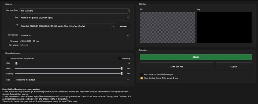 Replay / Live Input window receiving a 1920 by 1080 NDI source at 30 frames per second with alpha, monitors for fill and key, and a green READY tally with TAKE and CLEAR keys.