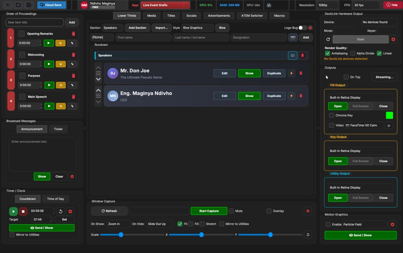 The Live Event Grafix main window with the Lower Thirds tab open, the order of proceedings on the left and the outputs on the right.