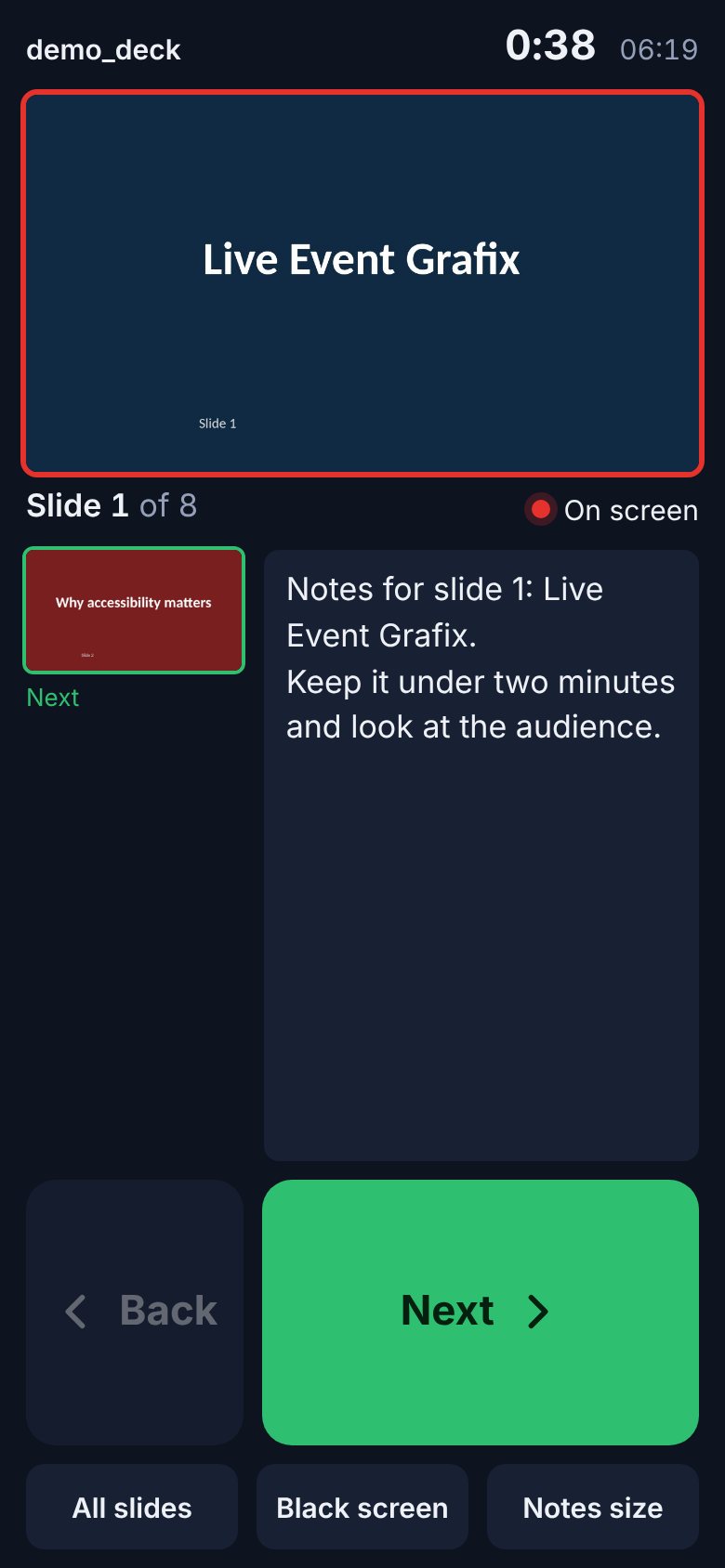 Presenter remote on a phone: current slide, slide 1 of 8, next slide, notes, a large Next key and Back.